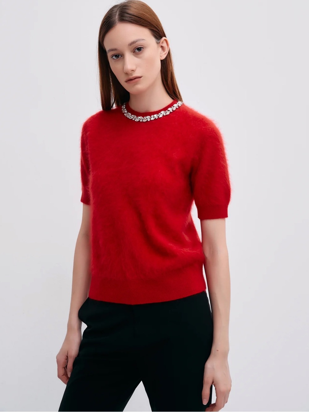 Pissenlit Brushed Cashmere Short-Sleeve Red Sweater with Rhinestone Neck